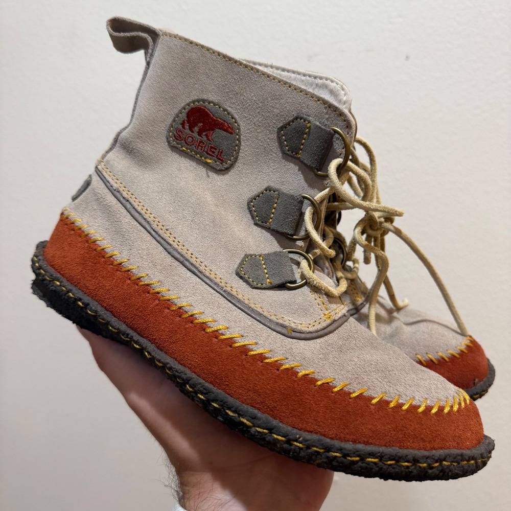 Sorel Nakiska Suede Bootie Grey Orange Whipstitch Lace Up Boots NL1940-103 Sz 7